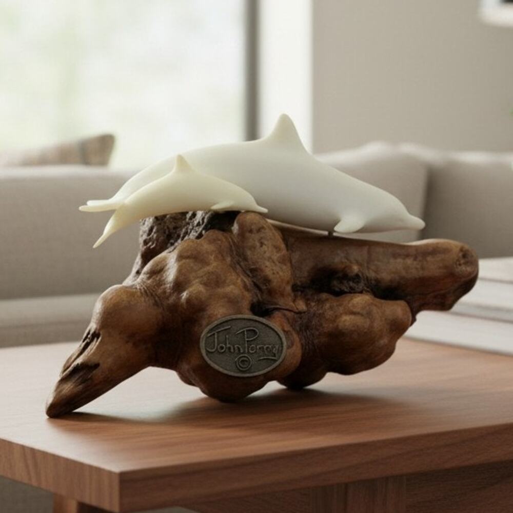 Vintage John Perry Dolphin Sculpture Burl Wood Base Coastal Nautical Decor